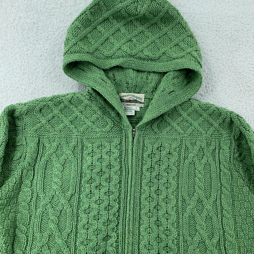 Aran Crafts Zip Cardigan Sweater Womens L ooded Merino Wool Ireland Cable‎ Knit